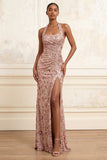 Sparkly Blush Halter Mermaid Ruched Sequin Long Prom Dress with Slit