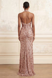 Sparkly Blush Halter Mermaid Ruched Sequin Long Prom Dress with Slit
