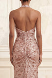Sparkly Blush Halter Mermaid Ruched Sequin Long Prom Dress with Slit