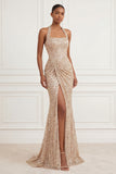 Mermaid Champagne Halter Ruched Sequin Long Prom Dress with Slit