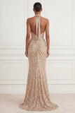 Mermaid Champagne Halter Ruched Sequin Long Prom Dress with Slit