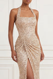 Mermaid Champagne Halter Ruched Sequin Long Prom Dress with Slit