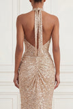 Mermaid Champagne Halter Ruched Sequin Long Prom Dress with Slit