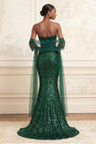 Sparkly Dark Green Strapless Mermaid Sequins Long Prom Dress with Streamer