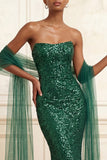 Sparkly Dark Green Strapless Mermaid Sequins Long Prom Dress with Streamer