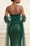 Sparkly Dark Green Strapless Mermaid Sequins Long Prom Dress with Streamer