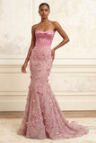 Pink Strapless Basque Waist Corset Mermaid Ruched Long Prom Dress with 3D Flowers