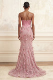 Pink Strapless Basque Waist Corset Mermaid Ruched Long Prom Dress with 3D Flowers