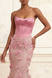 Pink Strapless Basque Waist Corset Mermaid Ruched Long Prom Dress with 3D Flowers