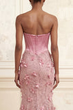 Pink Strapless Basque Waist Corset Mermaid Ruched Long Prom Dress with 3D Flowers
