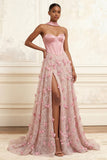 Pink A-Line Sweetheart Corset 3D Flowers Long Prom Dress with Slit