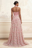 Pink A-Line Sweetheart Corset 3D Flowers Long Prom Dress with Slit
