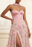 Pink A-Line Sweetheart Corset 3D Flowers Long Prom Dress with Slit