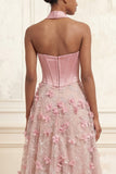 Pink A-Line Sweetheart Corset 3D Flowers Long Prom Dress with Slit