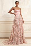 Blush Strapless A-Line Corset Long Prom Dress with 3D Flowers