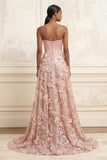 Blush Strapless A-Line Corset Long Prom Dress with 3D Flowers