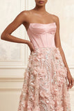 Blush Strapless A-Line Corset Long Prom Dress with 3D Flowers