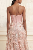 Blush Strapless A-Line Corset Long Prom Dress with 3D Flowers