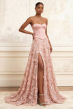 Blush A-Line Strapless Corset Basque Waist 3D Flowers Long Prom Dress with Slit