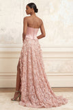 Blush A-Line Strapless Corset Basque Waist 3D Flowers Long Prom Dress with Slit