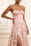 Blush A-Line Strapless Corset Basque Waist 3D Flowers Long Prom Dress with Slit