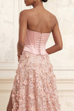Blush A-Line Strapless Corset Basque Waist 3D Flowers Long Prom Dress with Slit