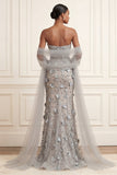 Silver Strapless Mermaid 3D Flowers Long Prom Dress with Streamer