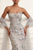 Silver Strapless Mermaid 3D Flowers Long Prom Dress with Streamer