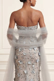 Silver Strapless Mermaid 3D Flowers Long Prom Dress with Streamer
