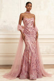 Sparkly Pink Mermaid Strapless Sequin Long Prom Dress with Streamer
