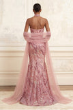 Sparkly Pink Mermaid Strapless Sequin Long Prom Dress with Streamer