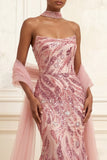 Sparkly Pink Mermaid Strapless Sequin Long Prom Dress with Streamer