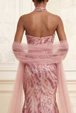 Sparkly Pink Mermaid Strapless Sequin Long Prom Dress with Streamer