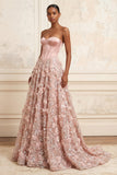 Strapless Blush A-Line Corset Sequin Long Prom Dress with 3D Flowers