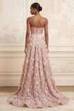 Strapless Blush A-Line Corset Sequin Long Prom Dress with 3D Flowers