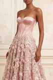 Strapless Blush A-Line Corset Sequin Long Prom Dress with 3D Flowers