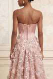 Strapless Blush A-Line Corset Sequin Long Prom Dress with 3D Flowers