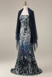 Navy Beaded Mermaid Sequin Long Prom Dress with Shawl
