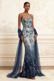 Sparkly Navy Mermaid Sequin Long Prom Dress with Streamer