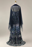 Navy Beaded Mermaid Sequin Long Prom Dress with Shawl