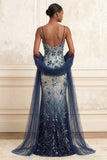 Navy Beaded Mermaid Sequin Long Prom Dress with Shawl