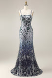Navy Beaded Mermaid Sequin Long Prom Dress with Shawl