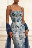 Sparkly Navy Mermaid Sequin Long Prom Dress with Streamer