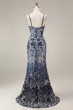 Navy Beaded Mermaid Sequin Long Prom Dress with Shawl