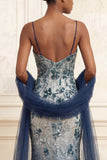Sparkly Navy Mermaid Sequin Long Prom Dress with Streamer