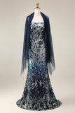 Navy Beaded Mermaid Sequin Long Prom Dress with Shawl