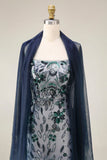 Navy Beaded Mermaid Sequin Long Prom Dress with Shawl