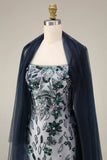 Navy Beaded Mermaid Sequin Long Prom Dress with Shawl