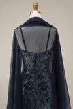Navy Beaded Mermaid Sequin Long Prom Dress with Shawl