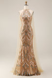 Sparkly Champagne Halter Mermaid Sequin Long Prom Dress